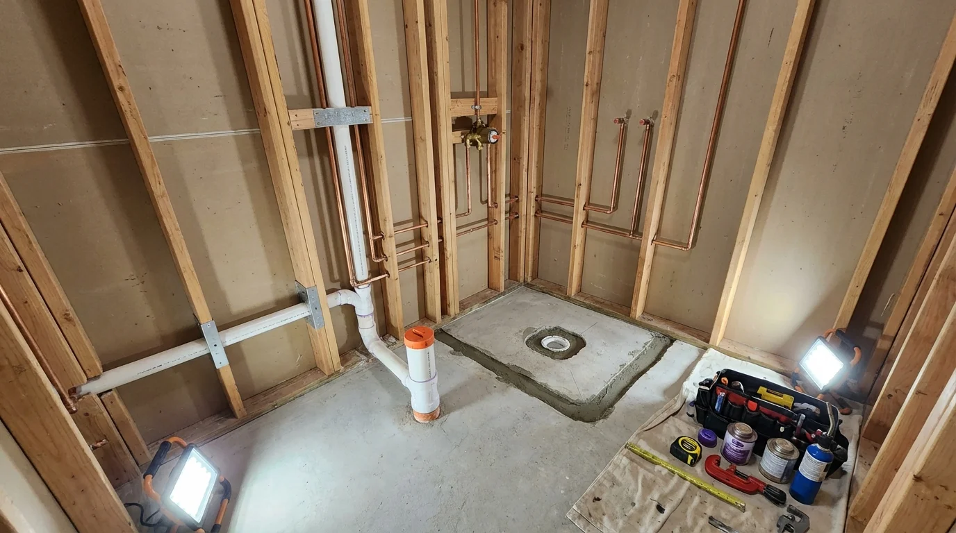 Bathroom rough-in plumbing during remodel by Johns Plumbing LLC in Valley