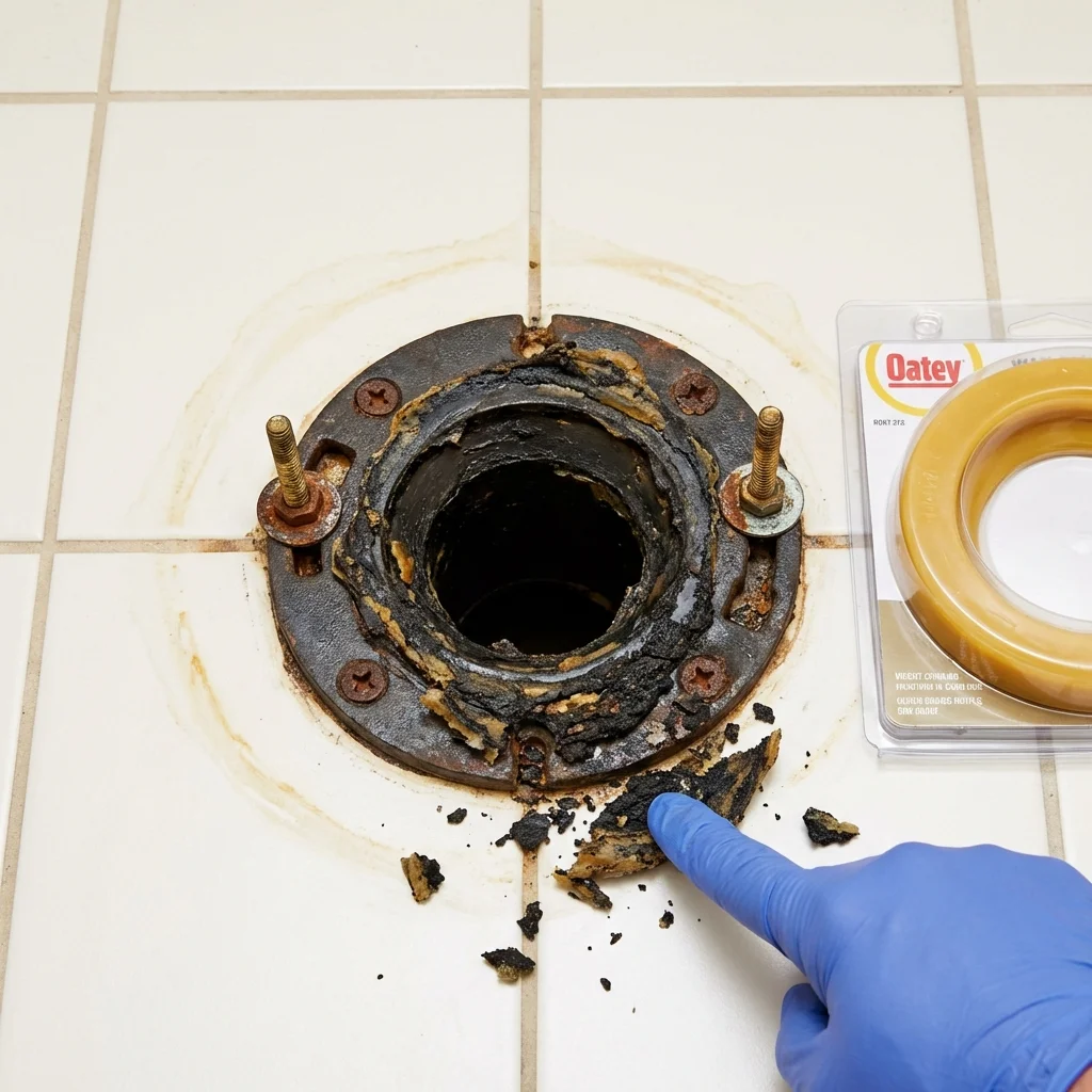 Failed wax ring showing water seepage at the base of a toilet in a Valley, AL home