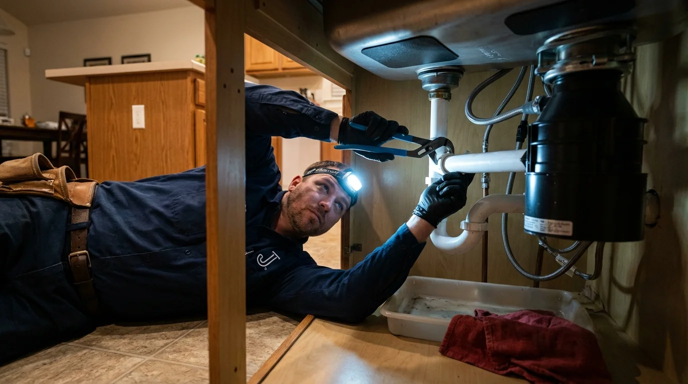 P-trap and supply line connections under a kitchen sink showing a common leak point in Valley, AL